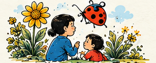 Ink-and-watercolour scene of children, flowers and a ladybird