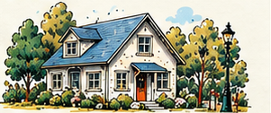 Illustrated home surrounded by a garden